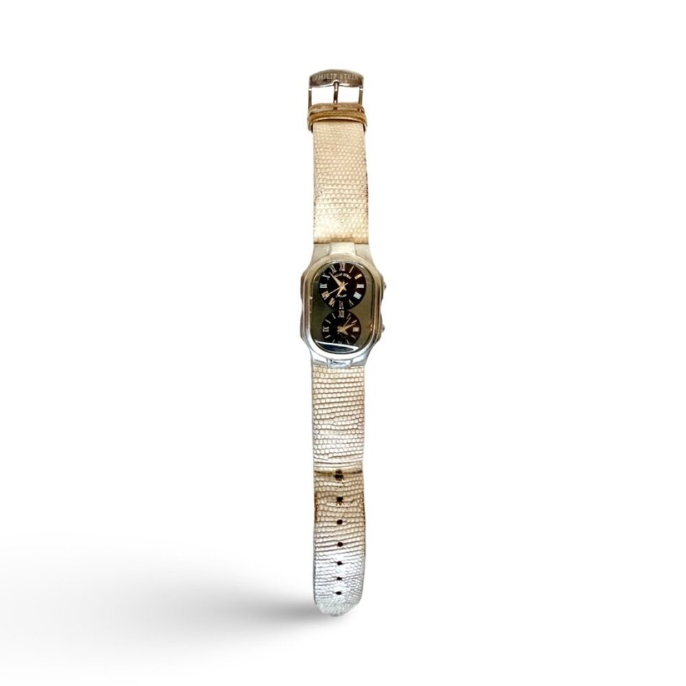 Philip Stein two zone wrist watch black face Roman numerals, white band
